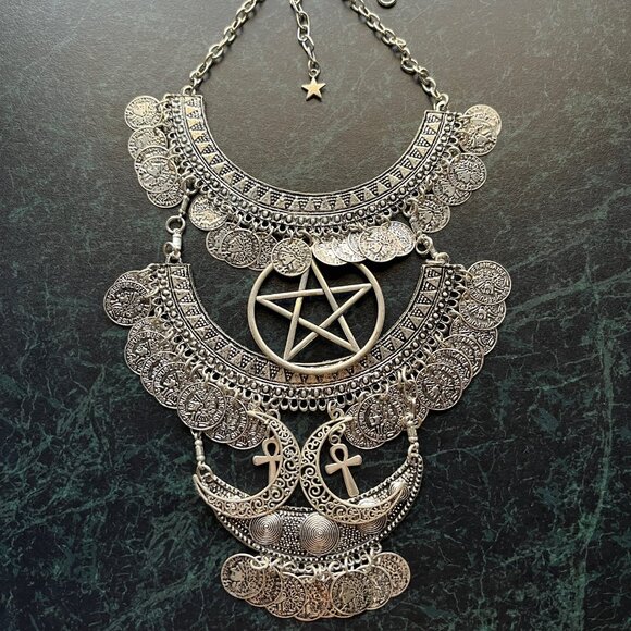Unique witchy metal necklace with pentagram, half moons and ankhs - Picture 5 of 6